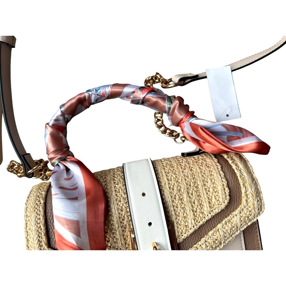 ALDO Satchel Beige & Taupe Straw Flap Bag with Melon Pink Twilly - Picture 6 of 9